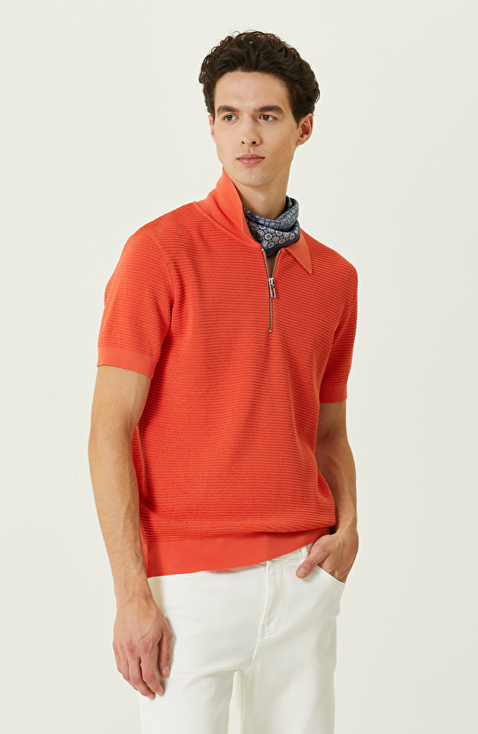 Turuncu Polo Yaka Kısa Kollu Triko Kazak