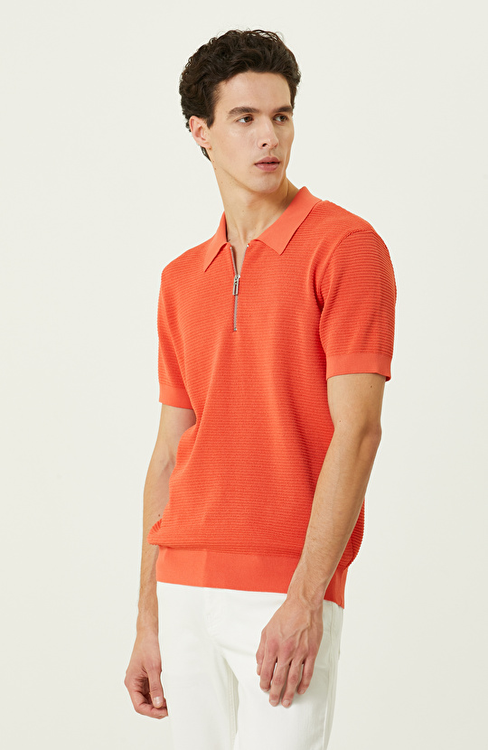 Turuncu Polo Yaka Kısa Kollu Triko Kazak