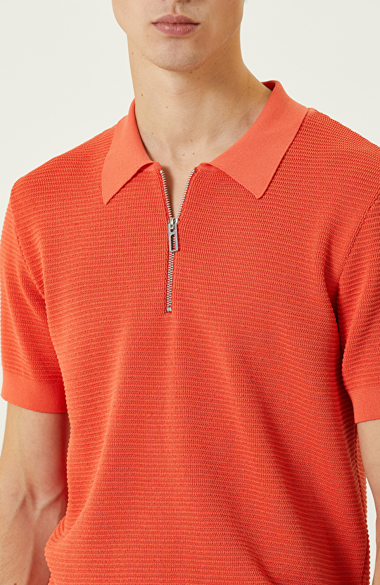 Turuncu Polo Yaka Kısa Kollu Triko Kazak