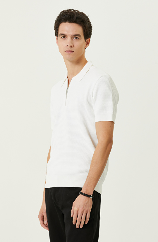 Ekru Polo Yaka Kısa Kollu Triko Kazak