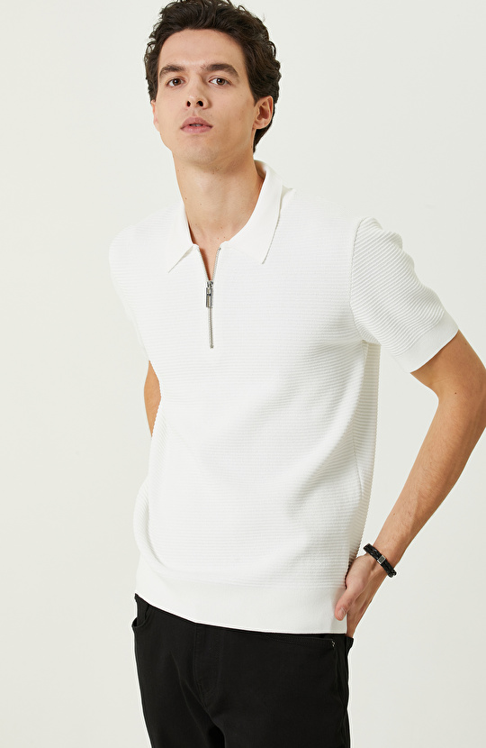 Ekru Polo Yaka Kısa Kollu Triko Kazak