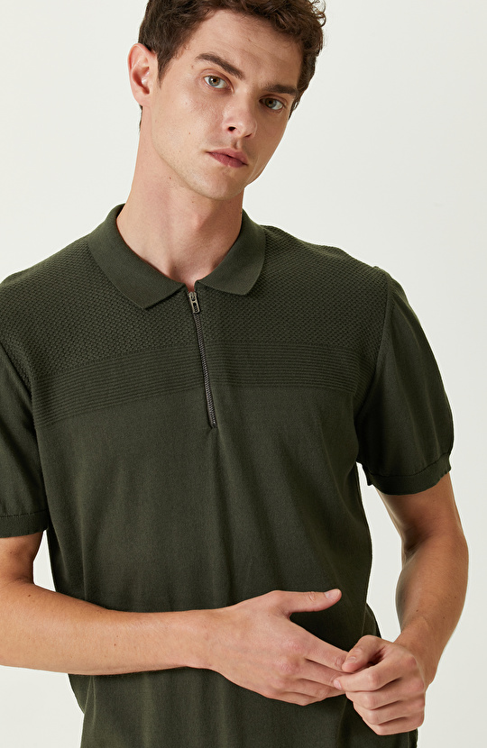 Haki Kısa Kollu Pamuklu Polo Yaka Kazak