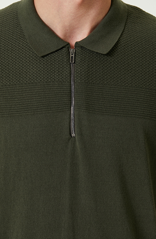 Haki Kısa Kollu Pamuklu Polo Yaka Kazak