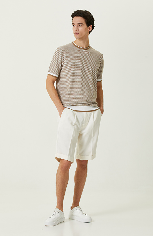 Camel Çizgili Kısa Kollu Triko Kazak