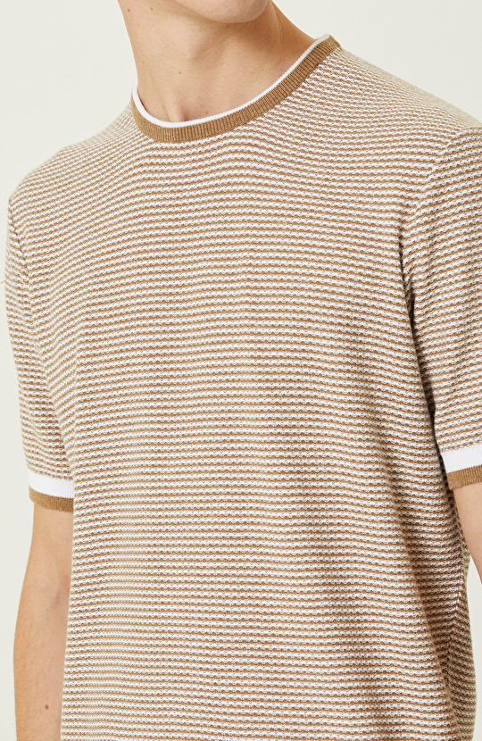 Camel Çizgili Kısa Kollu Triko Kazak