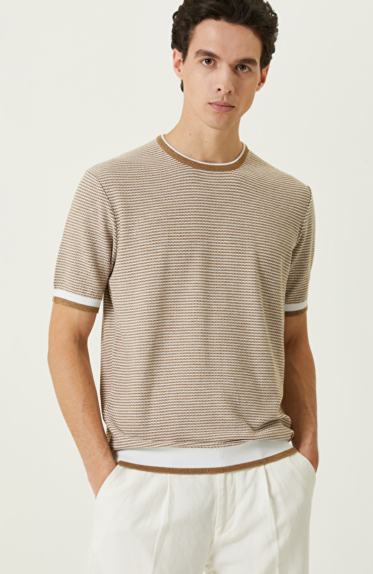 Camel Çizgili Kısa Kollu Triko Kazak