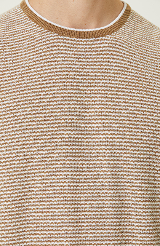 Camel Çizgili Kısa Kollu Triko Kazak