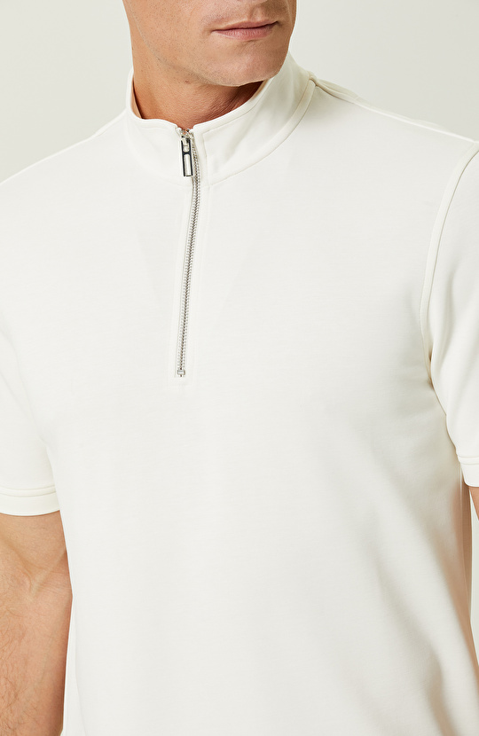 Ekru Kısa Kollu Dik Yaka Sweatshirt