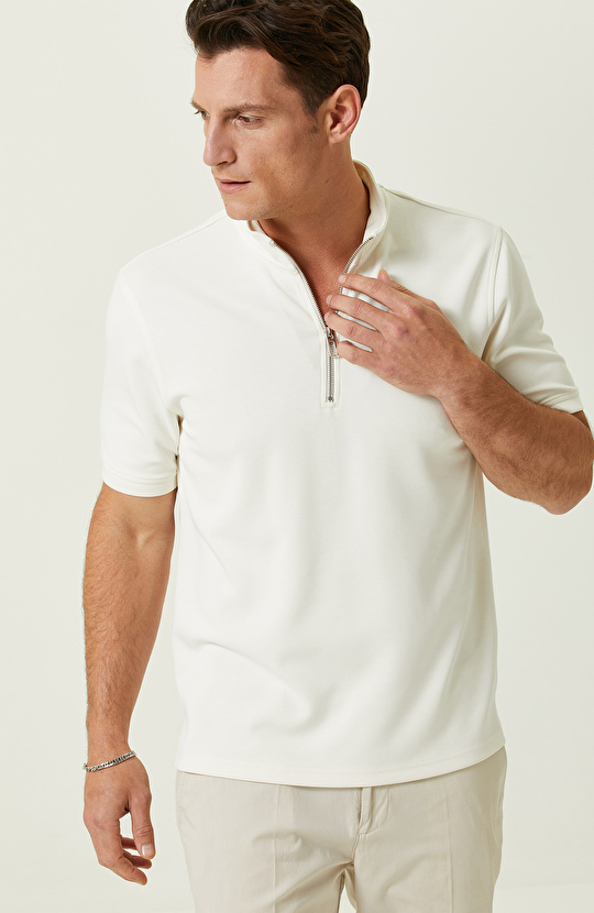 Ekru Kısa Kollu Dik Yaka Sweatshirt