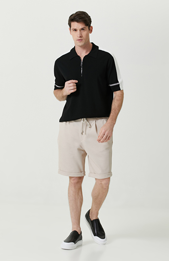 Bej Duble Paça Örme Şort