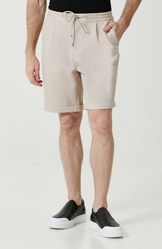 Bej Duble Paça Örme Şort