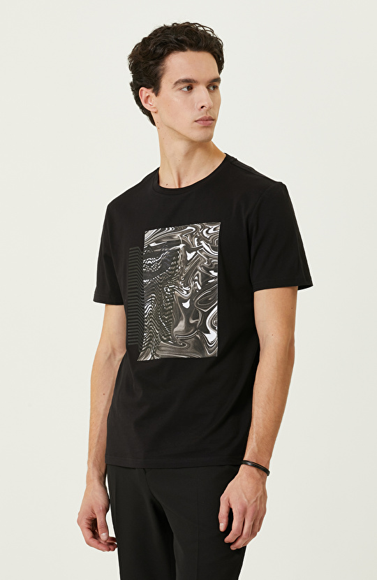 N-Tech Siyah Baskılı Bisiklet Yaka  T-shirt