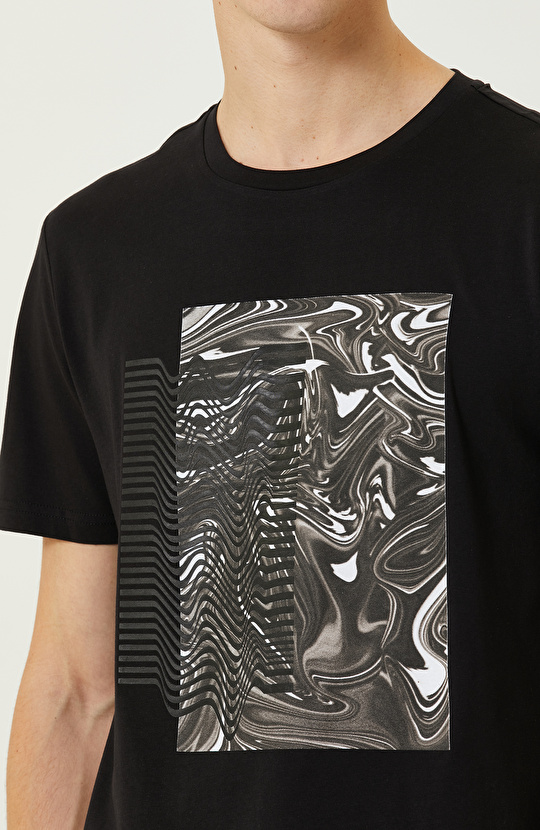N-Tech Siyah Baskılı Bisiklet Yaka  T-shirt