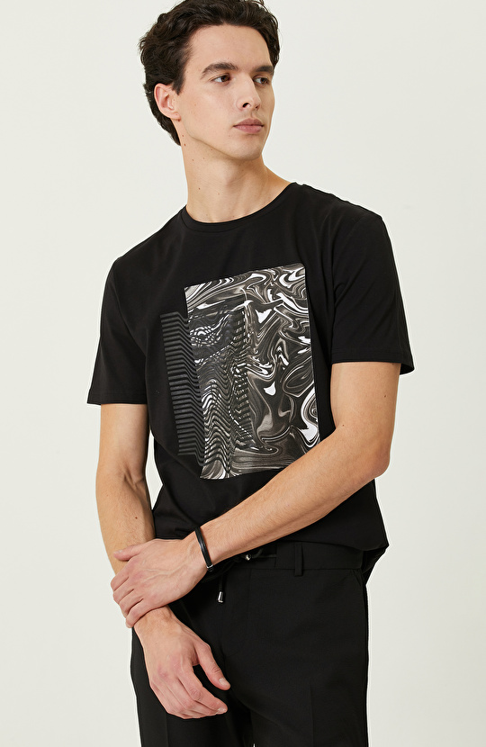 N-Tech Siyah Baskılı Bisiklet Yaka  T-shirt