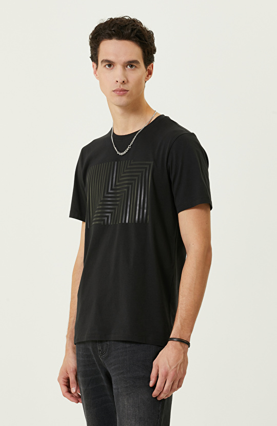 Siyah Baskılı Bisiklet Yaka T-Shirt
