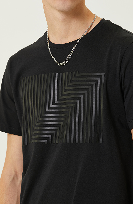 Siyah Baskılı Bisiklet Yaka T-Shirt