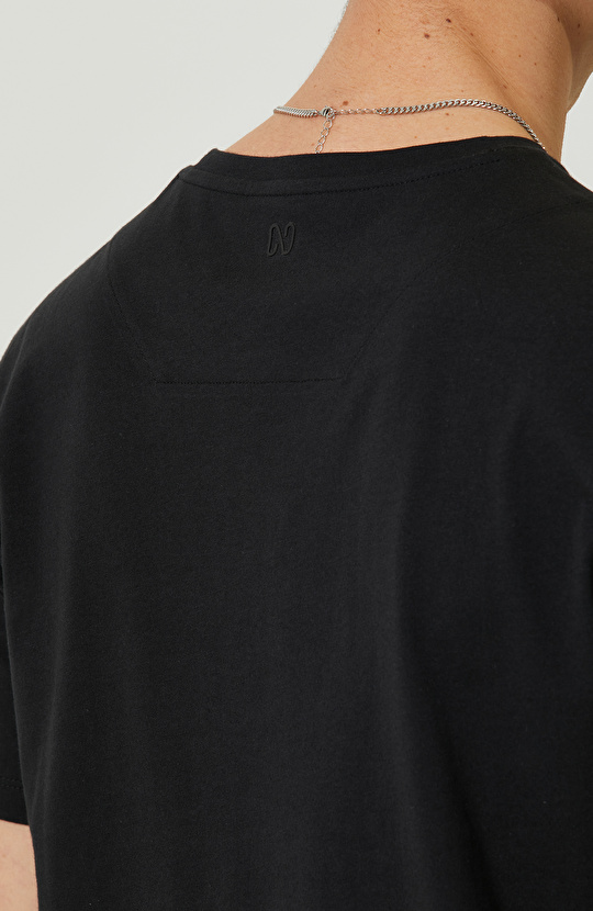 Siyah Baskılı Bisiklet Yaka T-Shirt