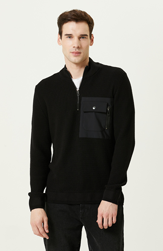 Fermuarlı Siyah Triko Kazak