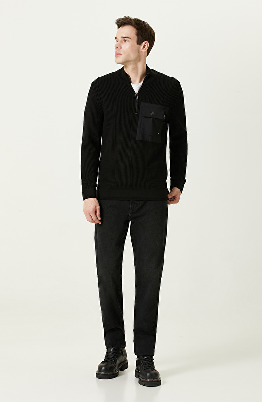 Fermuarlı Siyah Triko Kazak