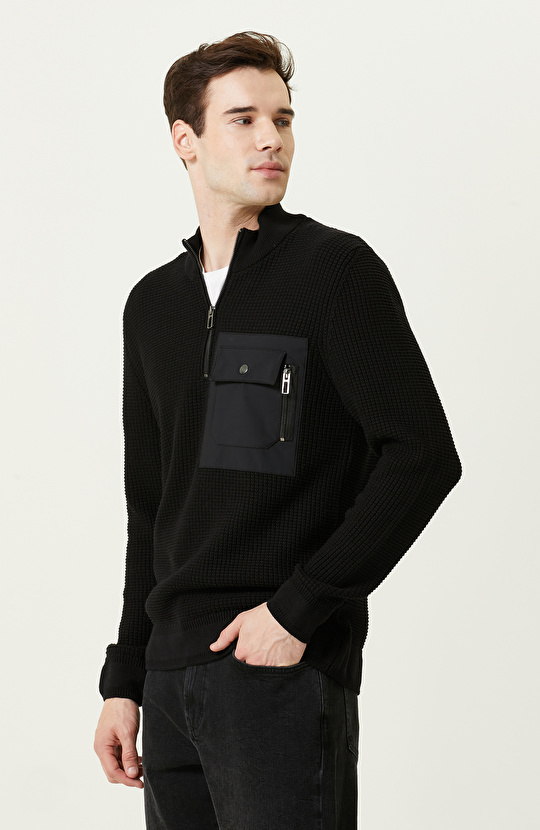 Fermuarlı Siyah Triko Kazak