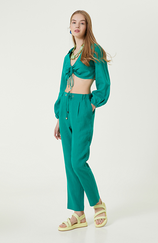 Yeşil Truvakar Kol Keten Bluz