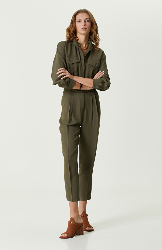 Haki Düğmeli Uzun Kollu Tulum