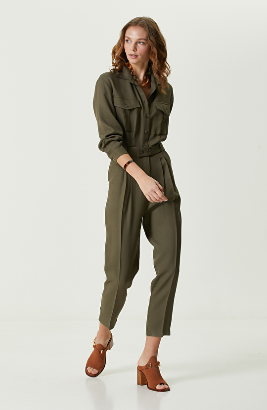 Haki Düğmeli Uzun Kollu Tulum