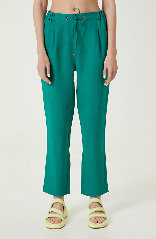 Yeşil Yüksek Bel Keten Pantolon