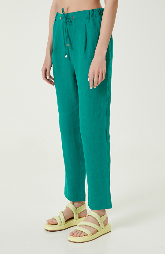 Yeşil Yüksek Bel Keten Pantolon