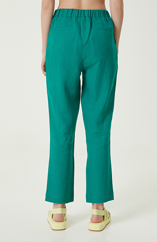 Yeşil Yüksek Bel Keten Pantolon