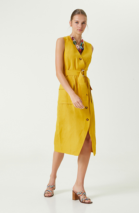 Safran Rengi V Yaka Keten Elbise