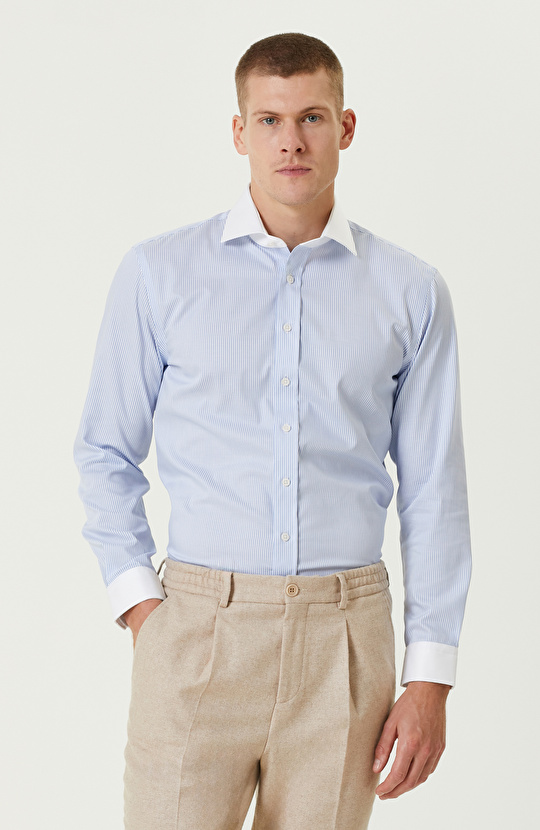 Mavi Beyaz Non-Iron Çizgili Gömlek