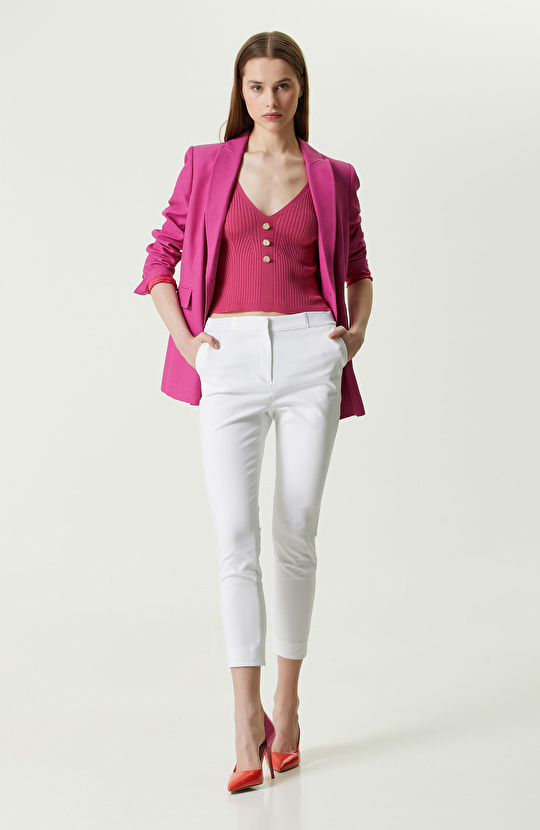 Fuşya V Yaka Askılı Kazak