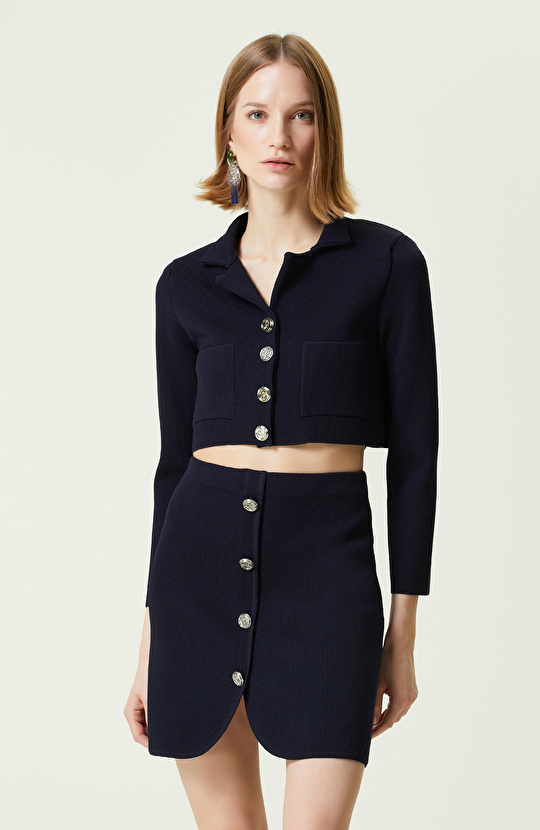 Lacivert Gömlek Yaka Triko Ceket