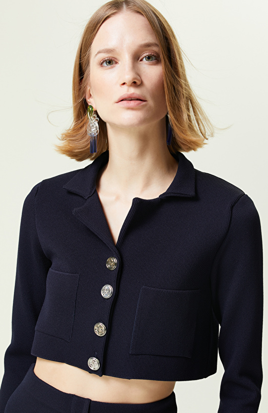 Lacivert Gömlek Yaka Triko Ceket