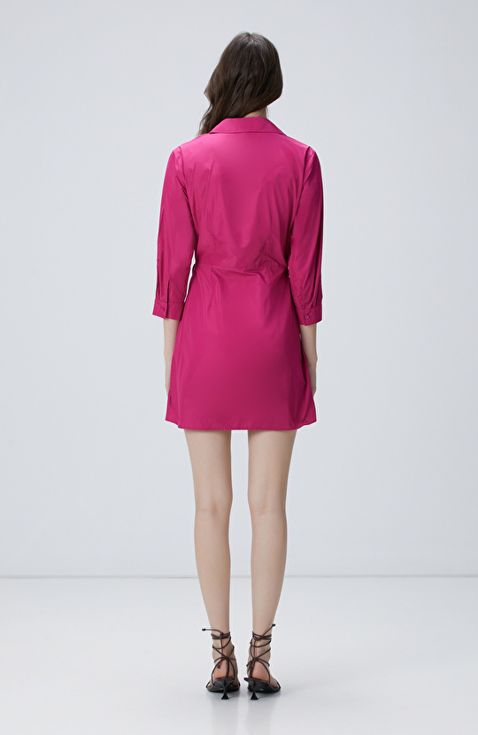 Fuşya Uzun Kollu Gömlek Yaka Elbise