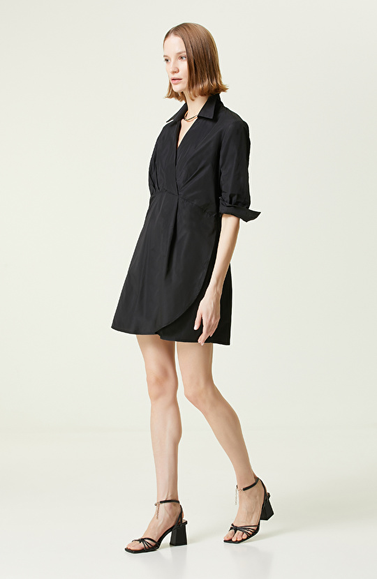 Siyah Uzun Kollu Gömlek Yaka Elbise