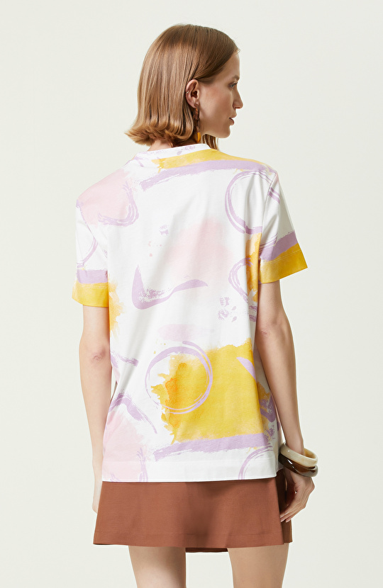 Beyaz Pembe Bisiklet Yaka T-Shirt
