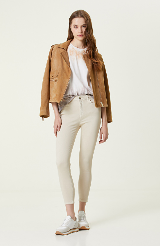 Bej Kısa Kollu Bisiklet Yaka Batik T-shirt