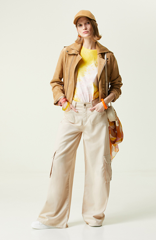 Beyaz Bisiklet Yaka Pamuklu Baskılı T-Shirt