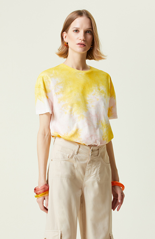 Beyaz Bisiklet Yaka Pamuklu Baskılı T-Shirt