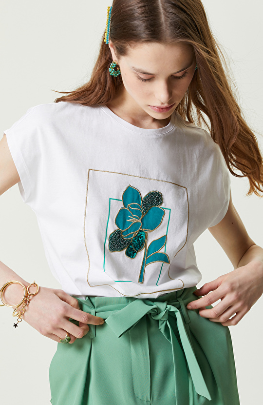 Beyaz Baskılı Kısa Kollu Bisiklet Yaka T-shirt