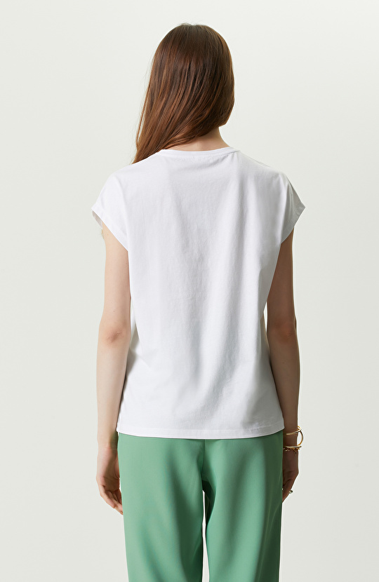 Beyaz Baskılı Kısa Kollu Bisiklet Yaka T-shirt