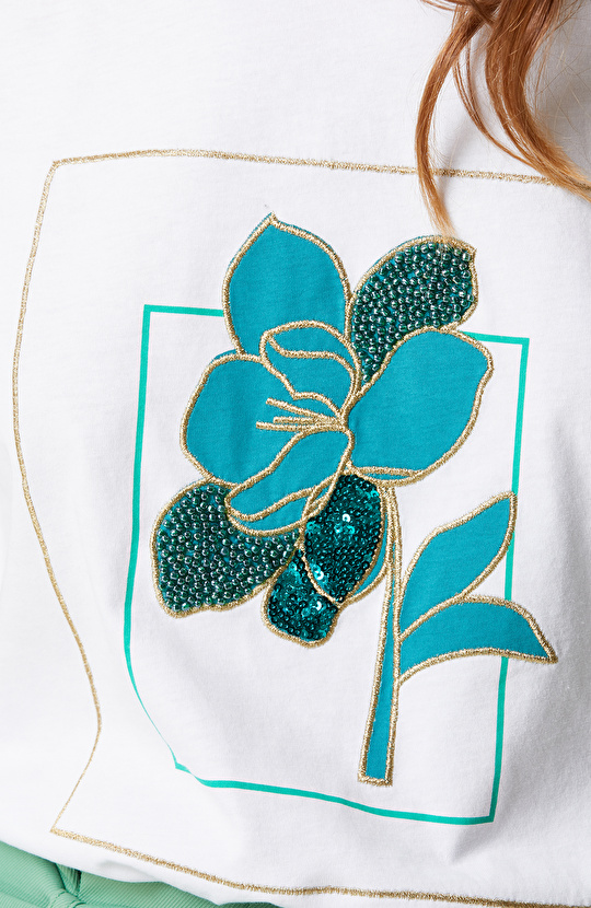 Beyaz Baskılı Kısa Kollu Bisiklet Yaka T-shirt