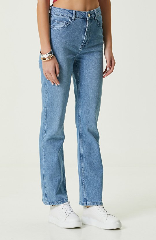 Açık İndigo Yüksek Bel Denim Pantolon