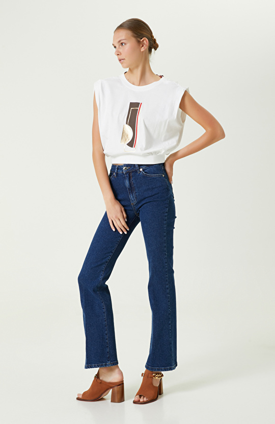 Ekru Baskılı Kolsuz Crop Tshirt