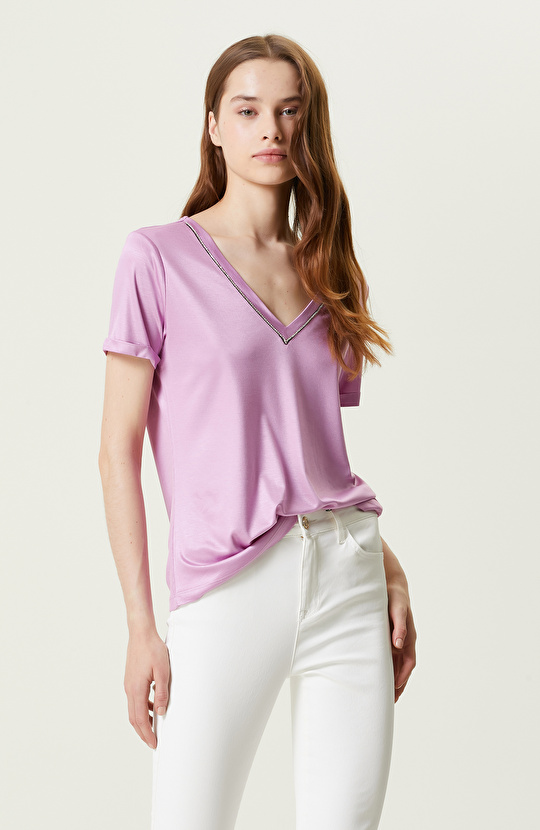 Pembe Kısa Kollu V Yaka T-shirt