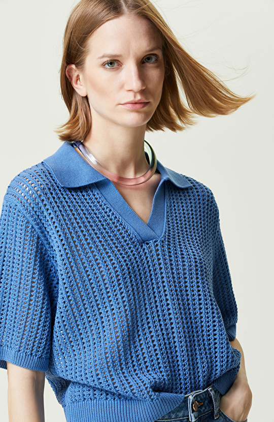 Saks Mavisi Kısa Kollu Triko Kazak