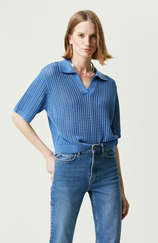 Saks Mavisi Kısa Kollu Triko Kazak