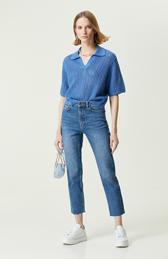 Saks Mavisi Kısa Kollu Triko Kazak